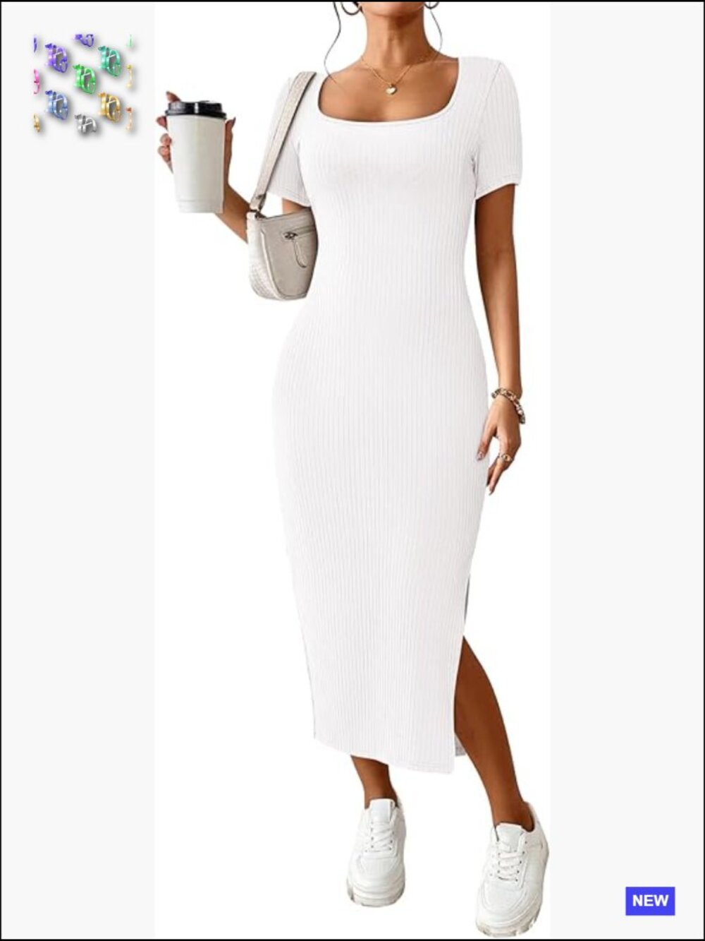 Casual Ribbed Knit Maxi Dress Side Slit Bodycon Square Neck Short Sleeve